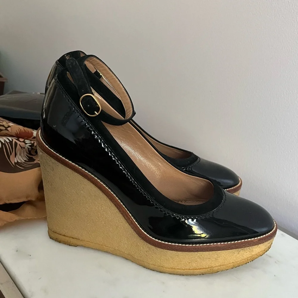 Women’s YVES SAINT LAURENT WEDGE  BLACK PATENT Mules - Picture 10 of 15